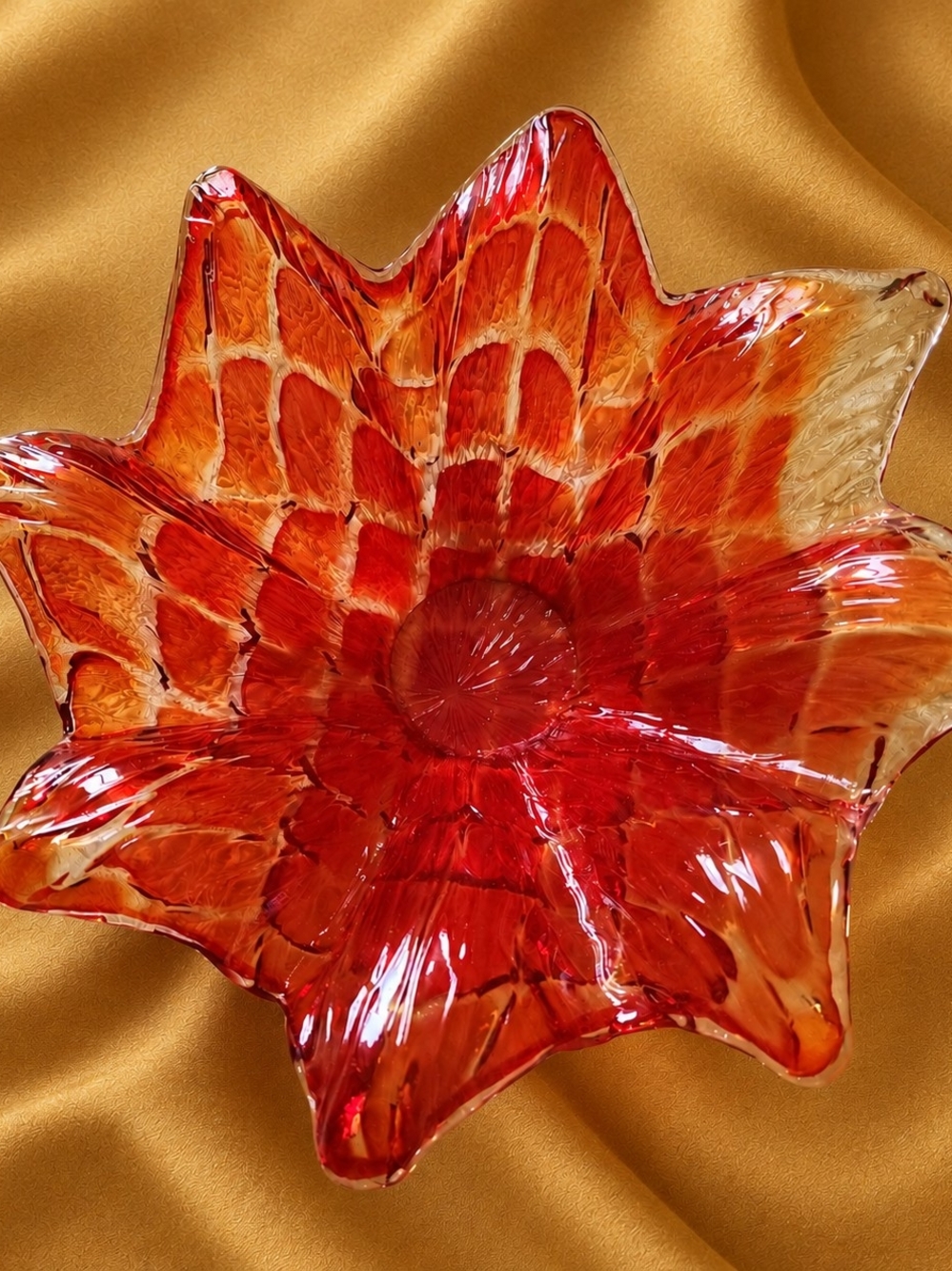 Vintage Red Orange Art Glass Flower Bowl 14” Murano Style Centerpiece